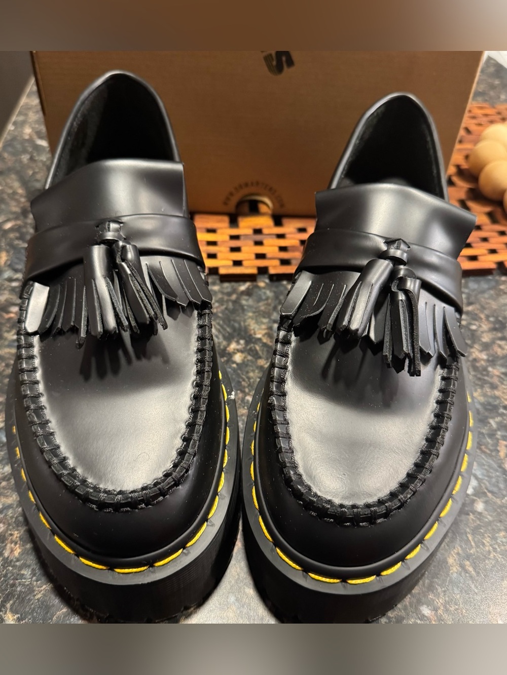 Dr. Martens Black Leather Tassel Platform Loafers with Yellow Stitching - Picture 1 of 7